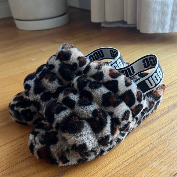 RARE Ugg Fluff Yeah Genuine Shearling Slingback Sandal Leopard Amphora - Picture 2 of 3